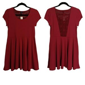 AEROPOSTALE Burgundy Red Lace Back Panel Short Sleeve Fit & Flare Dress NWT L